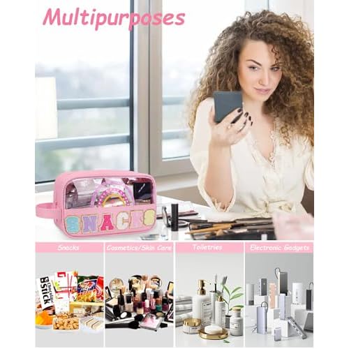 MONSTINA Snack Bag Clear Pouch Makeup Travel Toiletry Bag,Waterproof Clear Embroidery Letters Cute Digital Printing Rainbow Cosmetic Tote Bag for Women Girls,PU Leather Pink