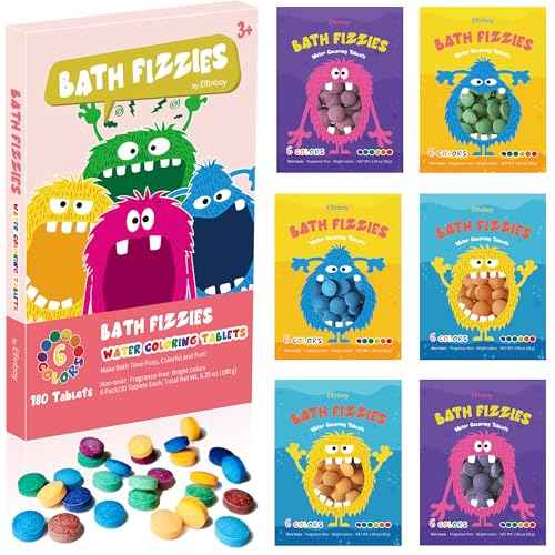 Bath Color Tablets for Kids, 180 Count Colour Changing Bath Fizzies for Kids Boys Girls (6 Pack, 30 Tablets Each), Fizzy Water Coloring Tablet in 6 Bright Colors, Non-Toxic and Fragrance Free