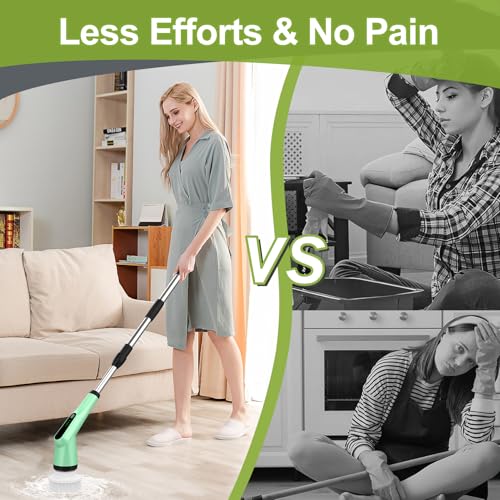 Electric Spin Scrubber, Shower Scrubber with Long Handle Adjustable, 2 Speed & 7 Replaceable Brush Heads Shower Cleaner Brush, Electric Scrubber for Cleaning Bathroom Tile Floor Bathtub Green