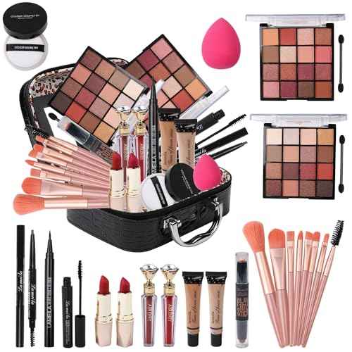Makeup Kit for Teen Girls, All-in-One Kit with 2X16 Colors Eyeshadow, Liquid Foundation, Eyeliner Pencils, Contouring Stick, Lip Gloss, Eyebrow Pencils & 8 Makeup Brushes (Black)