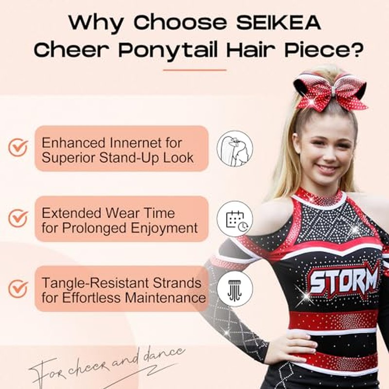 SEIKEA Cheer Ponytail Hair Piece, 16" Black Brown Straight Cheerleader Hairpiece Ponytail Extension for Cheerleader Competition, Dance
