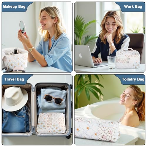Quilted Makeup Bag Set - 3 PCS Cute Floral Cotton Makeup Bag, Large Coquette Aesthetic Make up Cosmetic Bag, Flower Travel Toiletry Organizer Bags for Women Girls