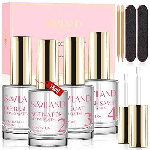 SAVILAND Dip Powder Liquid Set 15 ml/0.5 oz,10 Pcs Nail Dip Liquid Set with HEMA-free Base/Top Coat, Activator Brush Saver Acrylic Gel Nail File No Curing Needed DIY Home Salon Quality
