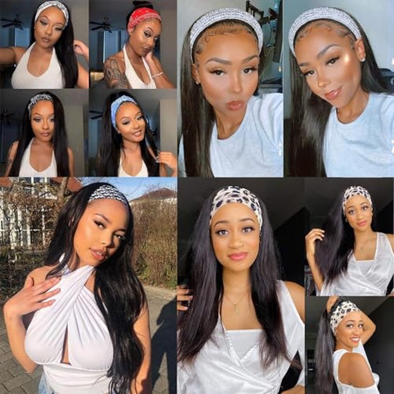 Headband Wig Human Hair Straight Headband Half Wigs Human Hair Brazilian Glueless Human Hair Wigs None Lace Front Wigs Machine Made Wigs 150% Density Natural Color 18 Inch