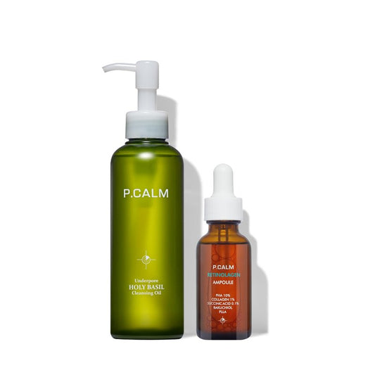 P.CALM Blackhead Removing & Pore Minimizing Duo | Holi Basil Cleansing Oil with Retinolagen Serum | Vegan Korean Skincare
