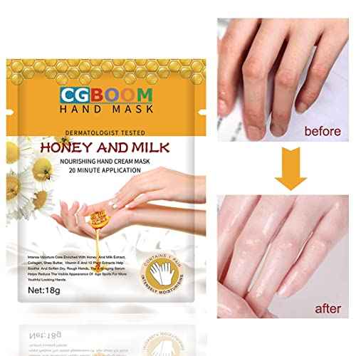 CGBOOM 3 Pairs Hand Masks Moisturizing Gloves, Hand Skin Repair Renew Mask Infused Collagen, Vitamins + Natural Plant Extracts for Dry, Aging, Cracked Hands (Honey and Milk)