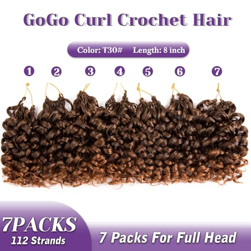 MYQUEEN GoGo Curl Crochet Hair Ombre Brown Curly Braids for Women 8 Inch 7 Packs Short Beach Ocean Deep Twist Synthetic Extensions T30#