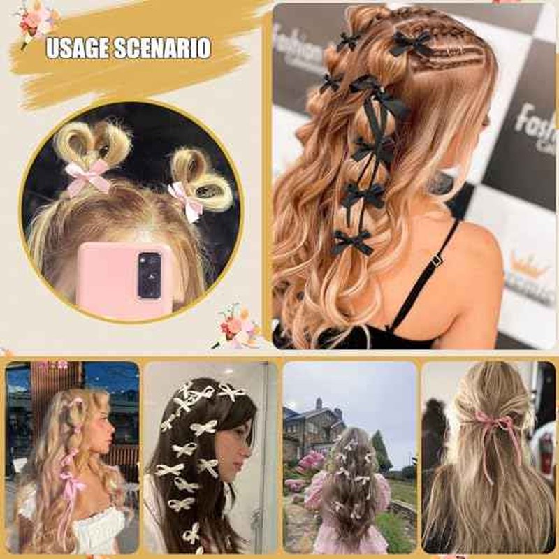 Mini Hair Bows for Women Girls Cute Hair Clips Small Alligator Long Tail Hair Ribbon Accessories -3 Styles -36P - Black White Pink