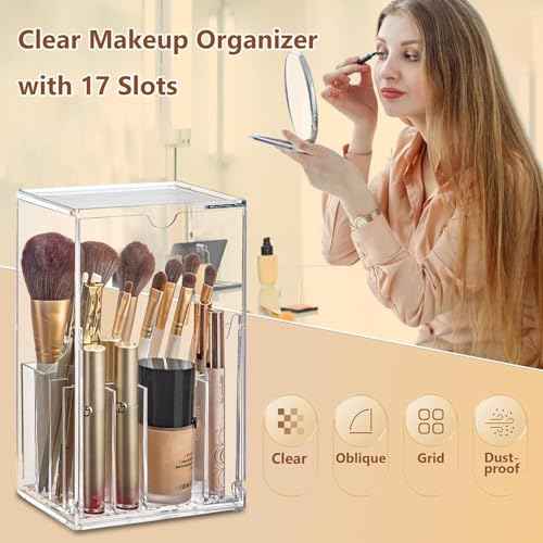 Makeup Brush Holder, Clear Make Up Brush Holder Organizer with 17 Slots, Tilt Open Large Makeup Brush Holde with Lid, Acrylic Makeup Organizer for Vanity Decor Office Home