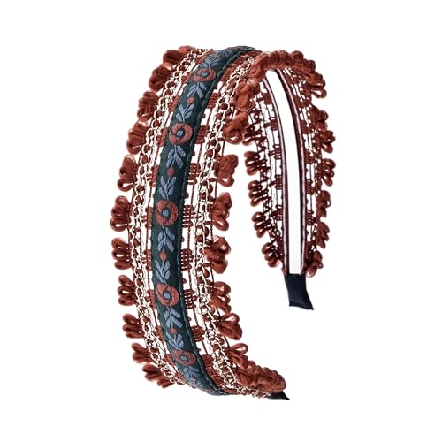 Boho Ethnic Wind Embroidery with Floral Headband Non-slip Elastic Brown Metal Hairband Wedding Vacation Headband for Woman Girls