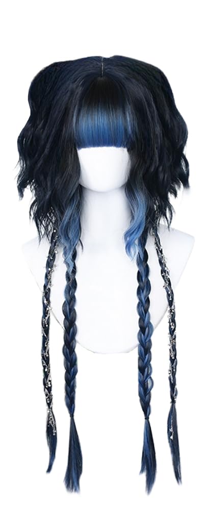 TEDPRBGE Women Curly Wig Jellyfish Head Wig Hime Cut Wigs Braids Sweet Lolita Princess Wigs for Daily Party (Black Blue)