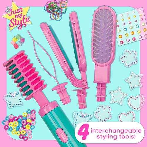 Just My Style All-in-One Hair Stylist, 4-in-1 Styling Tool with Gem Stamper, Beader, Chalk, and Brush - Fun Hair Accessories for Girls 8-12