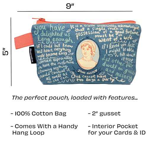 The Unemployed Philosophers Guild Jane Austen Bag - 9" Canvas Zipper Romance Themed Pouch for Pencils, Tools, Cosmetics, Toiletries and More