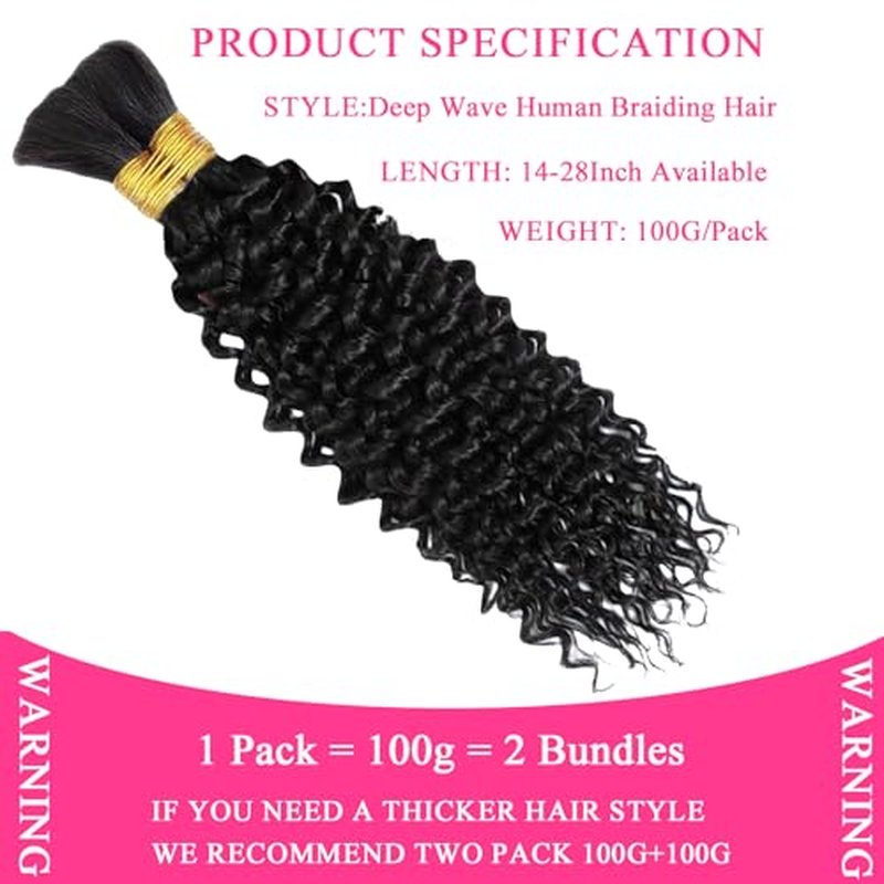 Human Braiding Hair 2 Bundles 100g 22Inch Deep Wave Bulk Human Hair for Braiding No Weft Curly Braiding Hair Bulk Curly Human Hair for Boho Braids 12A Brazilian Virgin Hair Extensions Natural Color