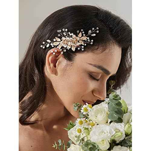 SWEETV Flower Bride Wedding Hair Comb Pearl Bridal Crystal Leaf Gold Headpiece Rhinestones Handmade Jewelry for Women and Girls