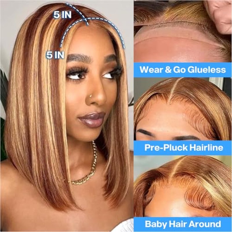 Wear and Go Glueless Bob Wig Human Hair 200% Density 5x5 HD Lace Closure Wigs For Black Women Glueless 5x5 Closure Wigs Human Hair Pre Plucked Bob Highlight Color 14 Inch