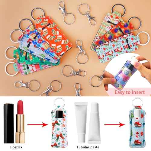Duufin 24 Pieces Christmas Chapstick Holder Keychain Bulk Lip Balm Neoprene Lipstick Keychain With 24 Metal Clip Cords for Chapstick Tracker and Safeguard, 24 Christmas Style