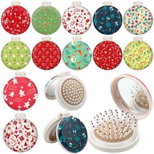Thyle 12pc Christmas Mini Hair Brush Detangler Brush Folding Mirror Hair Brushes Gift for Christmas Mini Travel Brushes Accessories for Girls Gifts Holiday Supplies Xmas Stocking Stuffers