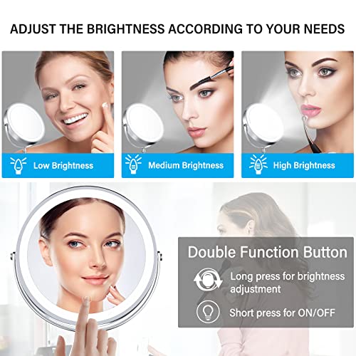 8" Lighted Makeup Mirror, 10X Makeup Mirror with Lights, Double Sided Dimmable Magnifying Mirror with Light, Rechargeable and Brightness Adjustable, Cordless Vanity Mirror with Lights