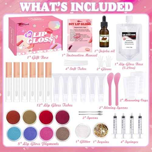 Thaluna Lip Gloss Making Kit, Fun Lip Gloss Kit to Make Your Own Lip Gloss for Girls, Women, Teens with Moisturizing Lipgloss Base, Jojoba Oil, Tubes, Pigments Lipgloss Set Christmas Gift for Women