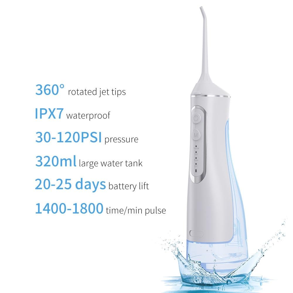 AURAVO Portable Cordless Water Flosser – 320ml Oral Irrigator for Teeth Cleaning | USB Rechargeable, IPX7 Waterproof, 1400–1800 Pulses/Min | Travel-Friendly Dental Floss Device for Braces & Gums