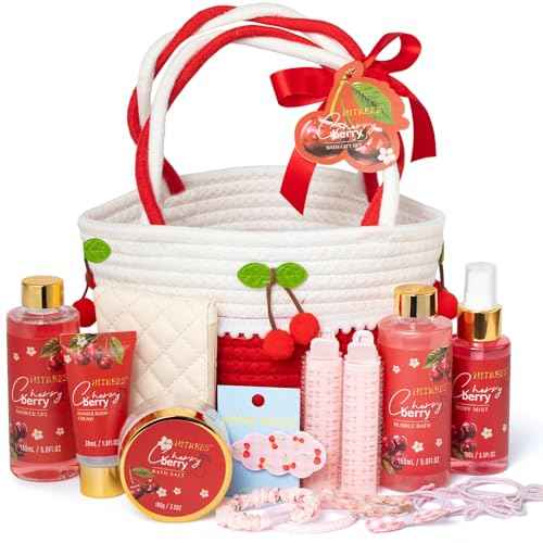 Spa Gifts for Women, Cherry & Berry Spa Gift Set for Teenage Tote Bag, Shower Gel, Hand & Body Lotion, Hitrees Birthday for Best Friend Woman, Mom, Mothers Day,Christmas Gift for Women