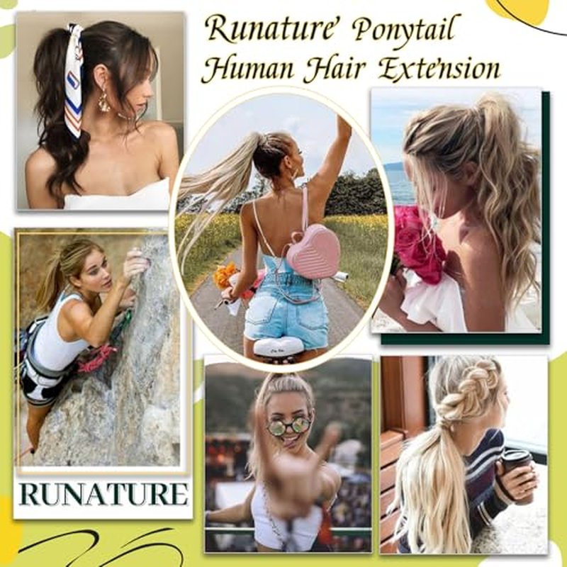 RUNATURE Ponytail Extension Human Hair, Real Hair Ponytail Extension Blonde, Straight Human Hair Ponytail, Remy Natural Hair Tangle Free, 14 Inch 70g #18P613 Ash Blonde Highlight Platinum Blonde