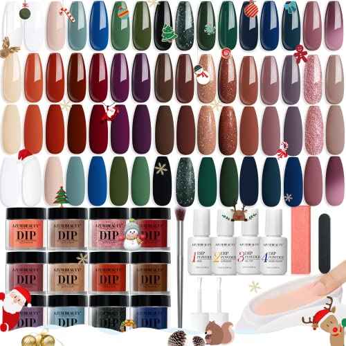 AZUREBEAUTY 42Pcs Dip Powder Nail Kit Starter, 32 Colors Green Nude Brown Blue Christmas Dipping Powder Set with Top/Base Coat & Recycling Tray for French Art Manicure Salon