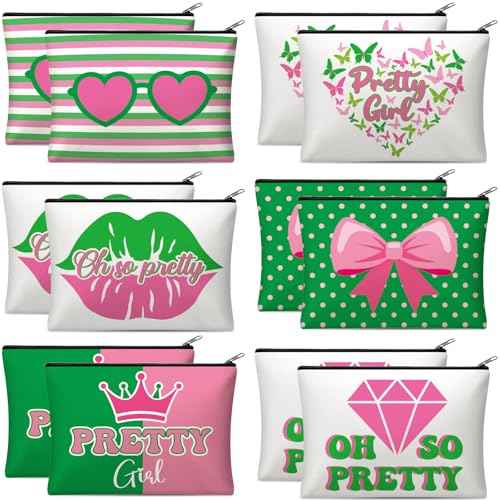 Reginary 12 Pcs Pink and Green Sister Makeup Bags Greek Sorority Cosmetic Bags Pretty Girl Zipper Pouches Black Sorority Gifts for Women Christmas Birthday