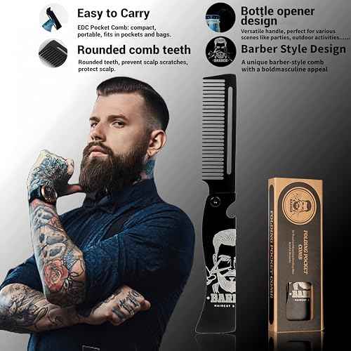 Metal Hair Styling & Beard & Mustache Folding Pocket Comb, Multifunctional EDC Grooming Tool With Bottle Opener - Anti-Static for Outdool Travel & Daily Grooming - Black