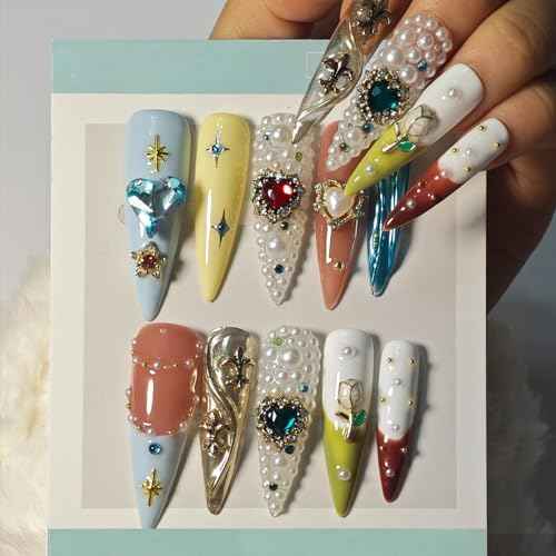 Handmade Press On Nails Stiletto, French Tip Press On Nails Long, Rhinestone Pearl 3D Nails For Women Gift, Reusable Stick On Fake Nails Kit With Nail Glue (Multicolor, M)
