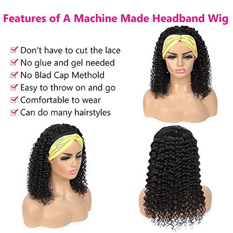 14 Inch Glueless Headband Wig Human Hair150% Curly Headband Wig Human Hair Natural Color Machine Made Curly Headband Wig Human Hair Kinky Curly None Lace Front Wigs Human Hair 100% Human Hair Wigs