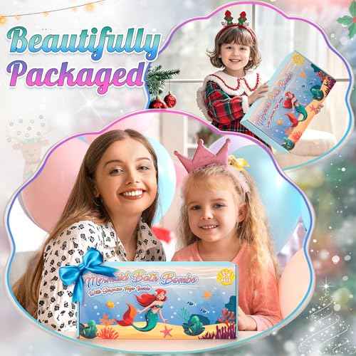Mermaid Bath Bombs for Kids with Surprise Toys Inside, 8 Pcs Organic Natural Bubble Bath Bombs for Girls,Christmas Birthday Gift for 3 4 5 6 7 8 Year Old Girl,Princess Bath Bomb Kit with Mermaid Toys