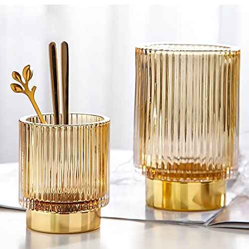 DASITON Makeup Brush holder Organizer,Crystal Cosmetic Makeup Brush Glass Brushes Storage Holder, Vintage Make Up Brush Cup Pen Pencil Holder striped vase(Coffee L)