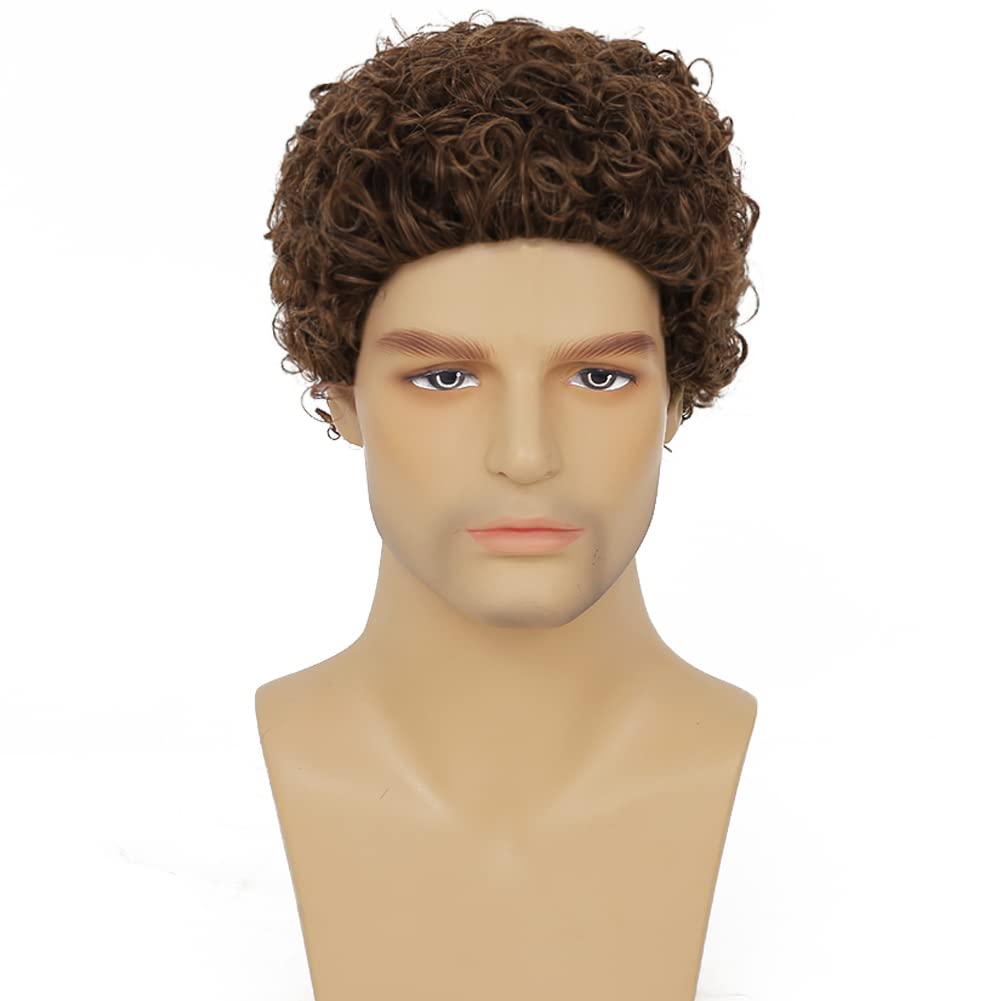 Tseses Mens Brown Curly Wigs Short Afro Rocker Wig Synthetic Daily Cosplay Party Costume Hair Wigs for Male Guys