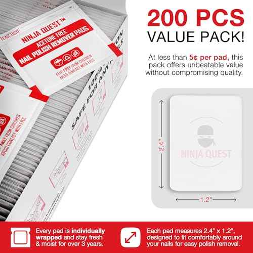 Nail Polish Remover Pads 100% Non Acetone - 200 Pack of Individually Wrapped Bulk Set Gel Nail Polish Remover Wipes - Fingernail Travel Kit to Clear Nail Polish for Home & Professional Removal