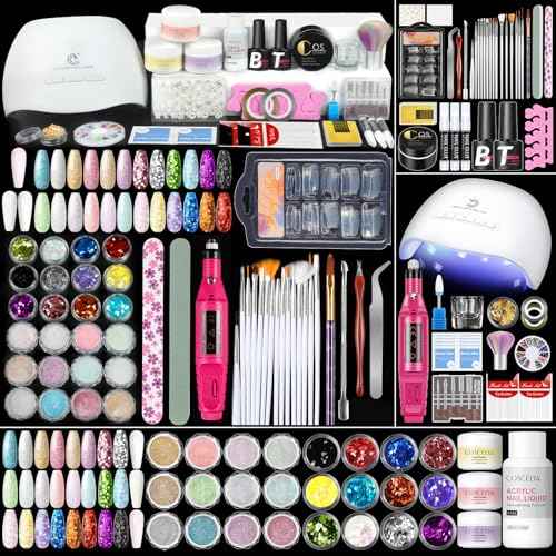 58PCS Acrylic Nail Kit for Beginners with Everything, 3 Colors Professional Acrylics Powder with Drill and U V Light 24pcs Glitter Decoration Powder Complete Nail Kit Acrylic Set Home Salon Design