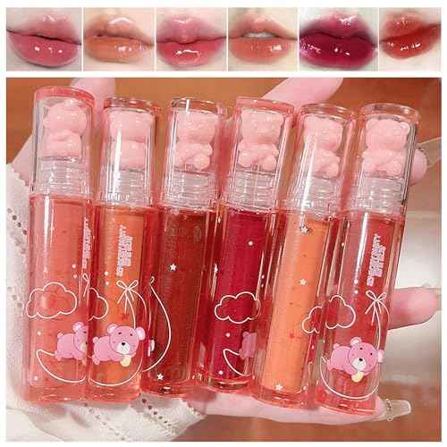 6 Colors Bear Lip Gloss,Jelly Lip Glaze,Cute Liquid Lipstick Bear Lip Stain Watery Lipgloss Plumping Lip Tint Moisturizing Waterproof Long Lasting for Lip and Cheek