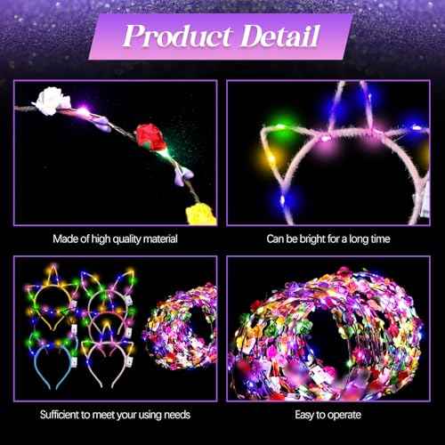 Xinnun 50 Pcs LED Cat Ear Headbands Bulk, Light up Flower Headband Glow Crown Rabbit Ear Head Accessories for Glow in the Dark Party (Unicorn)
