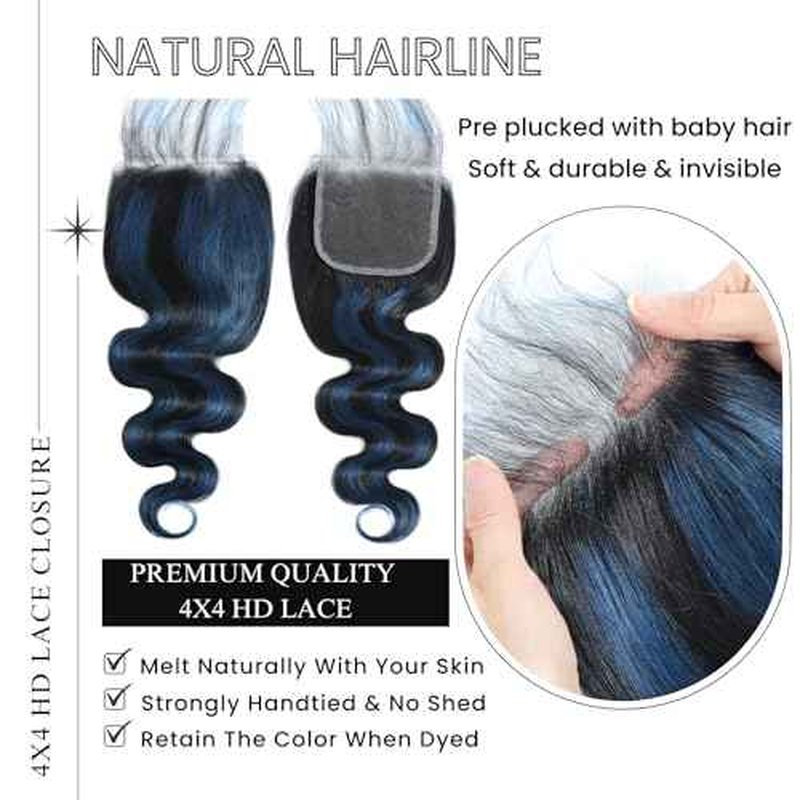 ALHER Midnight Blue 3 Bundles with 4x4 HD Lace Closure Human Hair 16 18 20+16 Inch, Body Wave #F1B/BlueBlack Roots to Blue Colored Bundle Wavy 100% Remy Hair Bundles with Closure Free Part