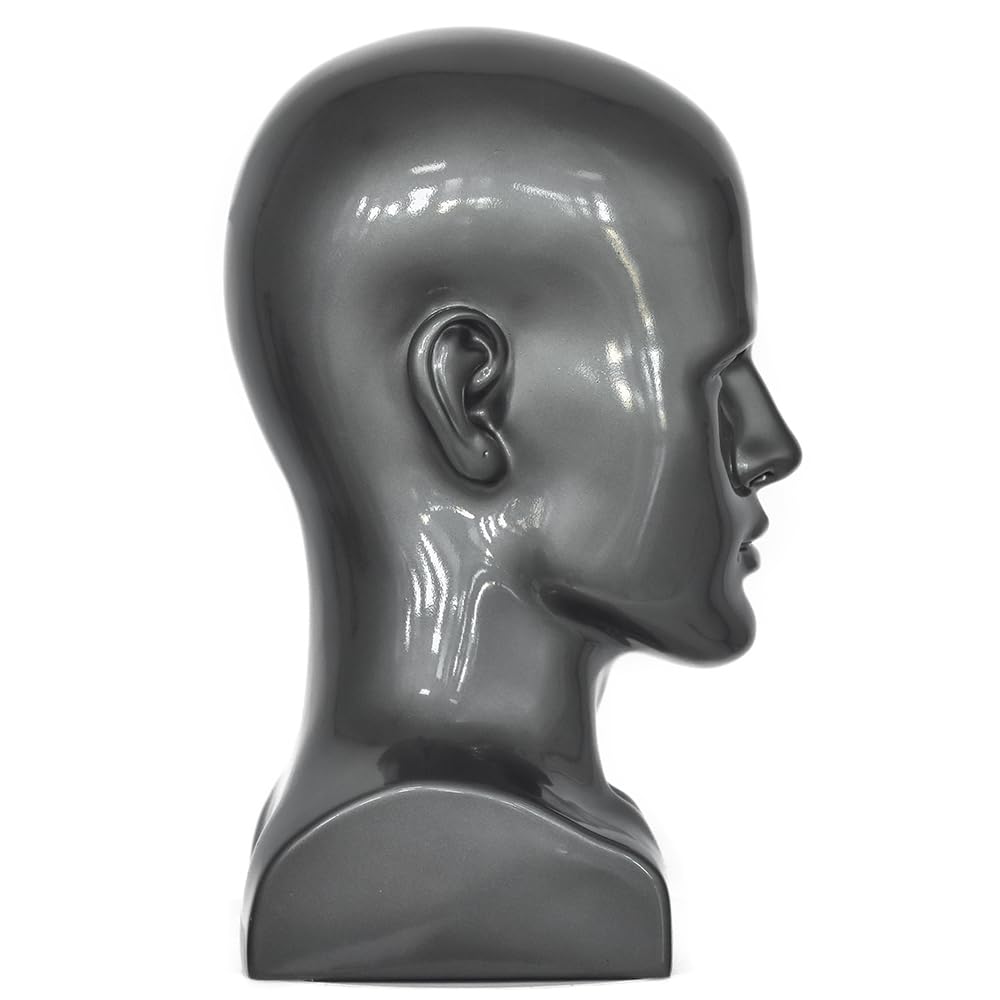 CAZSYSDD PVC Mannequin Head Black Male Manikin Dummy Stand Model Display Hat Scarf Wigs Hair Glasses Hat Beauty Styling Tool with Mount Hole (L90-Light Grey)