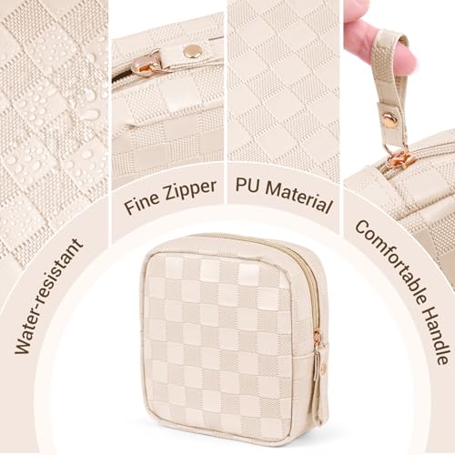 MAGEFY 2Pcs Makeup Bag, Cute Checkered Pouch with Handle, Leather Travel Makeup Pouches for purse Make Up Bag for Cosmetic, Lipstick,Beige