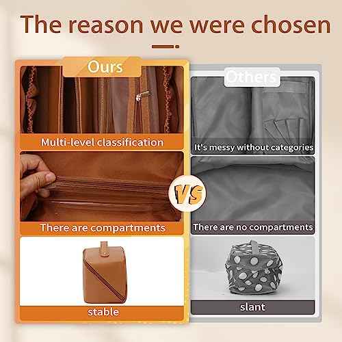 3 Pcs Travel Makeup Bag Portable Large Capacity Cosmetic Bags for Women Open Flat Makeup Case Organizer Bag Set of 3 Waterproof PU Leather Toiletry Bags with Divider and Handle (Brown, Medium)
