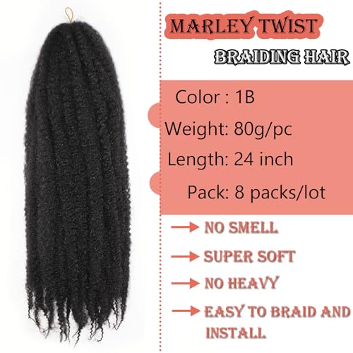 Vustbeauty Marley Twist Braiding Hair 24 Inch Marley Twist Hair Long Cuban Twist Hair 8 Packs Afro Kinky Curly Twist Crochet Hair Synthetic Marley Hair Extensions (24 Inch 8packs, 1B)