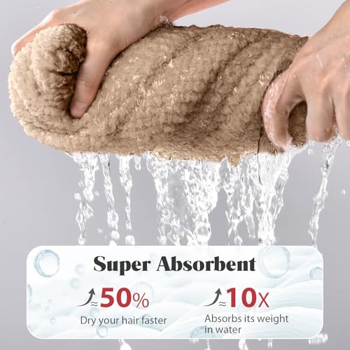MABAO 2 Pack Microfiber Hair Towel Wrap for Women, Quick Dry Hair Turban Towel with Elastic Band, Microfiber Plopping Towel for Curly Hair, Stocking Stuffers for Women (Gray, Camel)