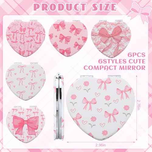 Chunful 6 Pcs Coquette Pink Bow Party Favors for Girls Heart Shaped Compact Mirror Bulk 1x/2x Magnifying Portable Makeup Double Sided Travel Mirror Preppy Back to School Gifts