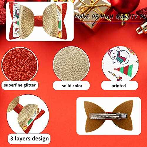 AOUXSEEM 24 Set Christmas Faux Leather Hair Bows DIY Making Kit with Pre Cut Pieces and Hair Clips, Make Fashionable Unique Hair Clips for Girls Women