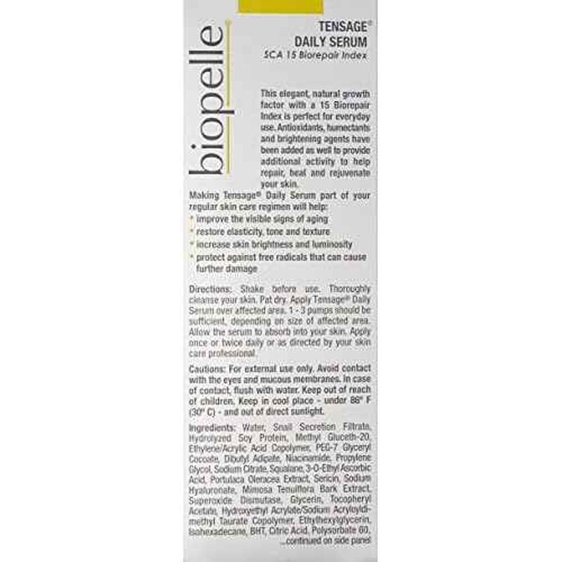 Biopelle Tensage Growth Factor Daily Facial Serum with SCA 15 Biorepair Index, Snail Mucin Serum for Face with Niacinamide, Hyaluronic Acid, and Antioxidants, 1 Oz