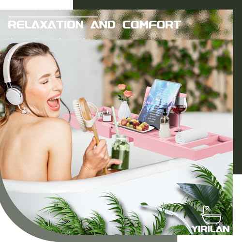 Yirilan Premium Bathtub Tray Caddy - Expandable Bath Tray - Unique House Warming Gifts, New Home, Anniversary & Wedding Gifts for Couple, Bridal Shower Gift for Women-Pink
