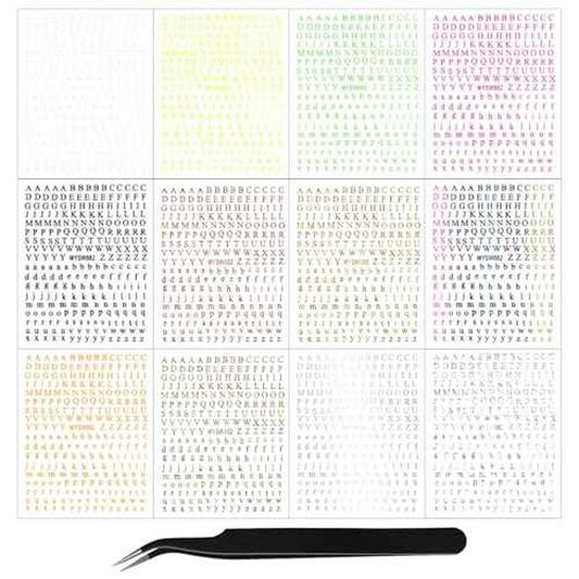 12 Sheets Alphabet Nail Art Stickers 3D Black White Gold Nail Letter Stickers Large Small Self-Adhesive English Nail Decals Manicure Accessories for Women Girls DIY Nail Art Design